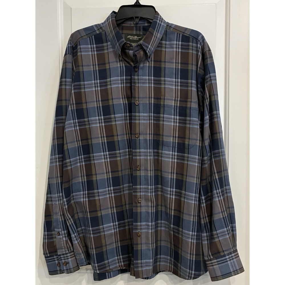 Eddie Bauer Relaxed Fit Button Up Shirt Mens L Blue Plaid Long Sleeve Cotton